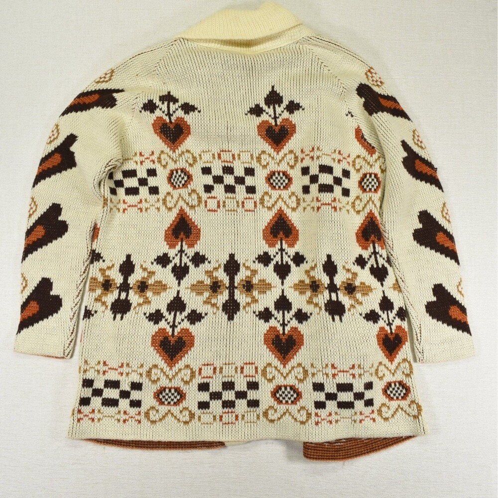 Vintage 70s JCPenney Heart Cardigan Shawl Collar Cowichan Floral Hippie Boho L - Picture 3 of 7